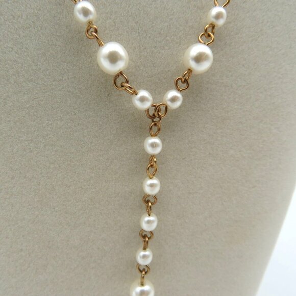 Y Shaped Station Necklace Gold Tone 16" Imitation Pearl Lobster Clasp - Picture 3 of 5